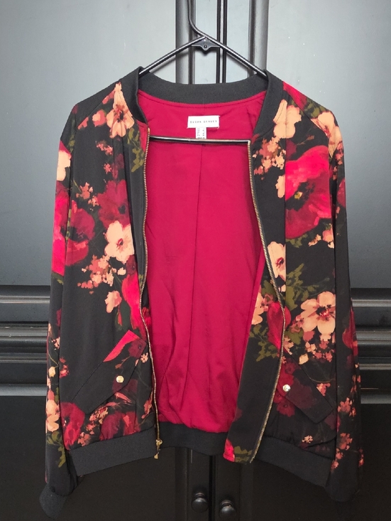 Susan Graver Jackets & Blazers - Sale! Susan Graver Black Floral Bomber Jacket with Red Lining
